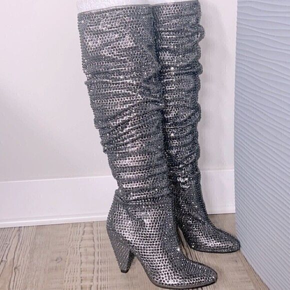 - NEW I.N.C Gerii grey Metallic Slouch Studded Boots Women shoes Pewter |5… - Picture 2 of 9